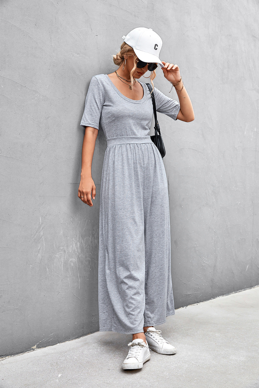 Scoop Neck Half Sleeve Wide Leg Jumpsuit