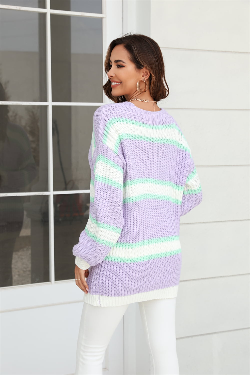 Color Block Ribbed Dropped Shoulder Open Front Cardigan