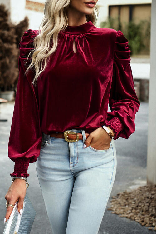 Tie Up Mock Neck Velvet Fabric Long Sleeve Blouse