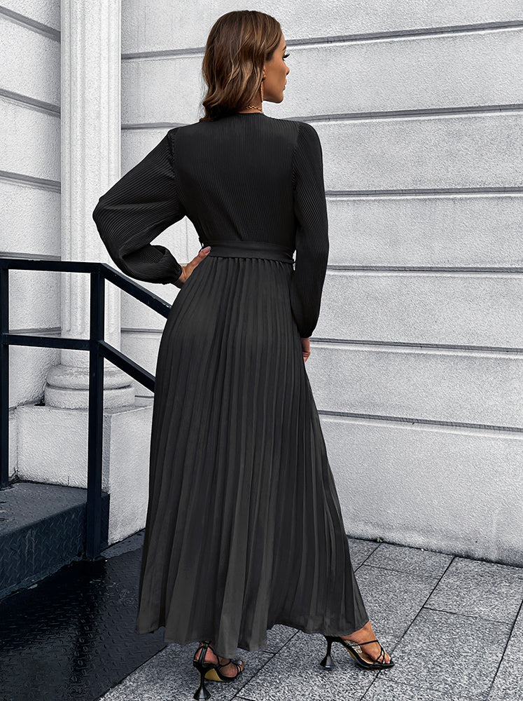 V-Neck Tie Waist Pleated Maxi Dress